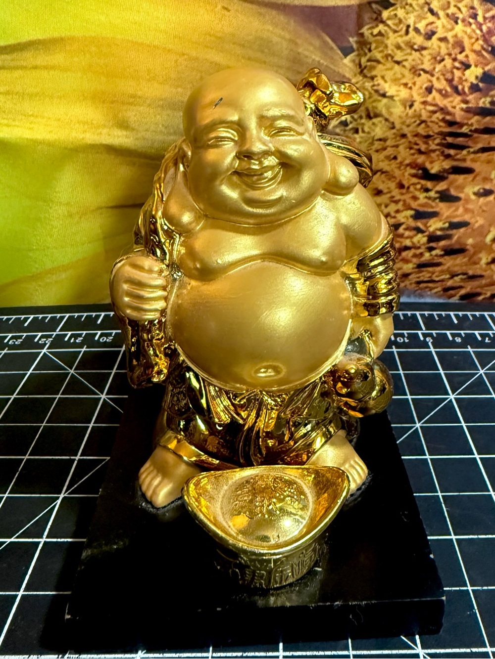 Eastern Enlightenment Golden Laughing Buddha Statue identified as Budai or Hotei
